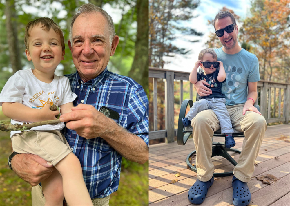 Marketing Manager Dana Koman's father, Randy (left), and husband, Greg, both holding her son, Huck. 